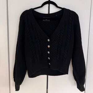 The Kooples Black Wool Cable Knit Cropped Cartigan